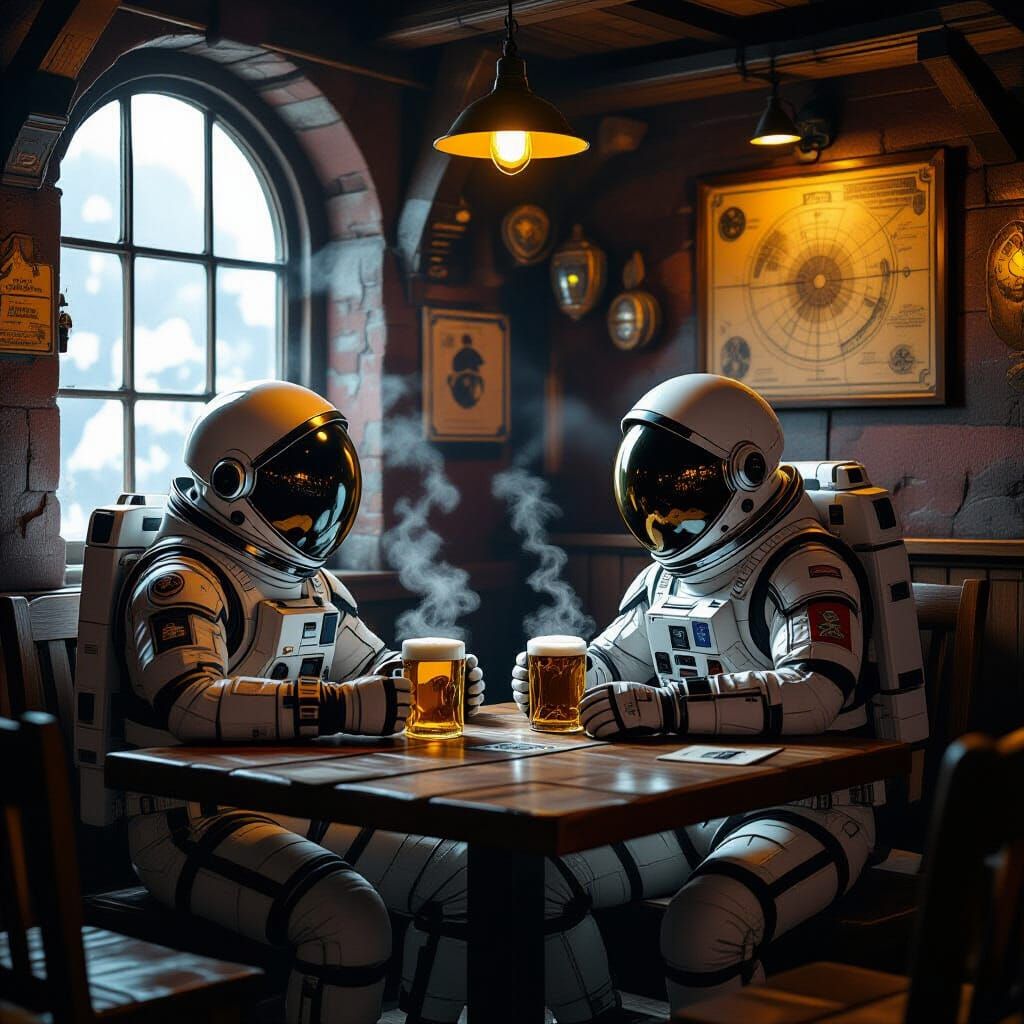Astronaut Sits in Dimly Lit Tavern with Steaming Ale