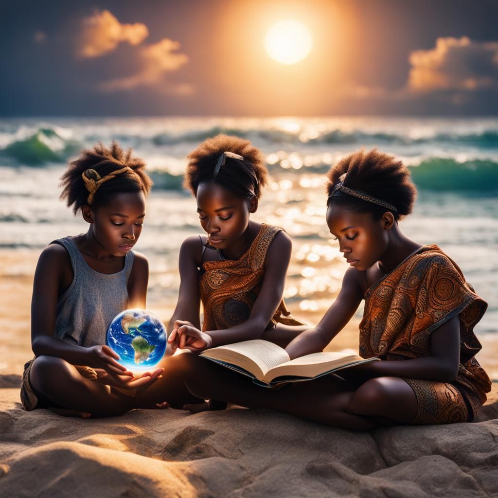 Children Reading in Bottle on Venus, Cosmic Illustration