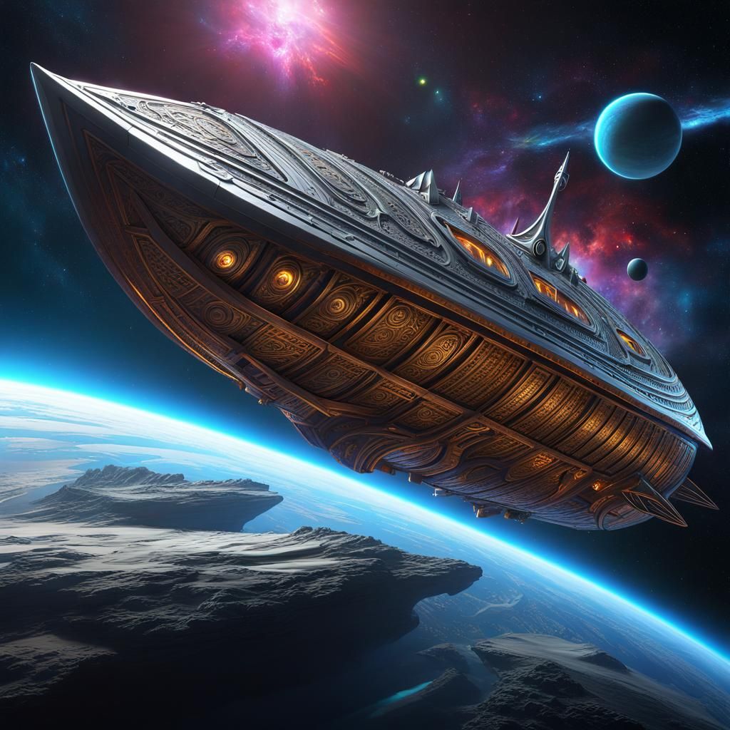 Viking Longboat Spaceship in Digital Art Style