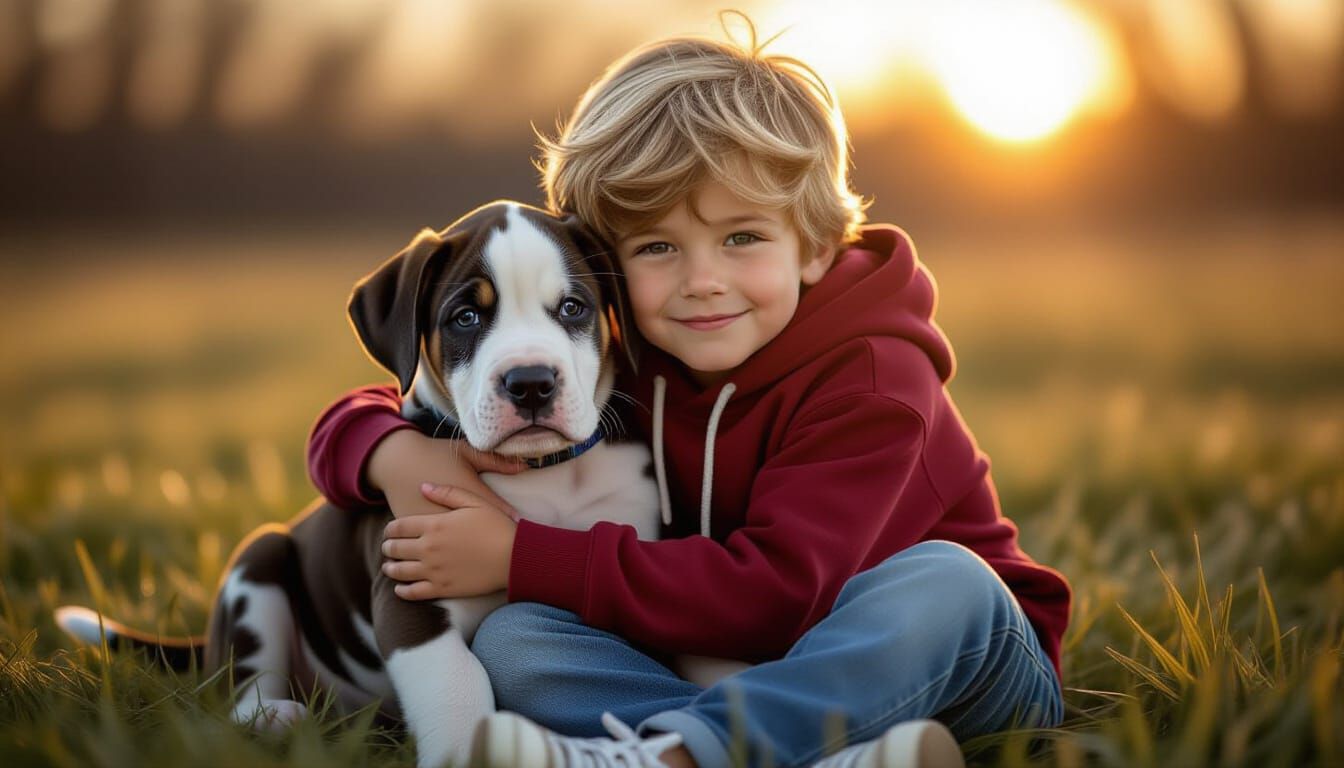 Boy Hugs Adorable Great Dane Puppy in Golden Hour Glow