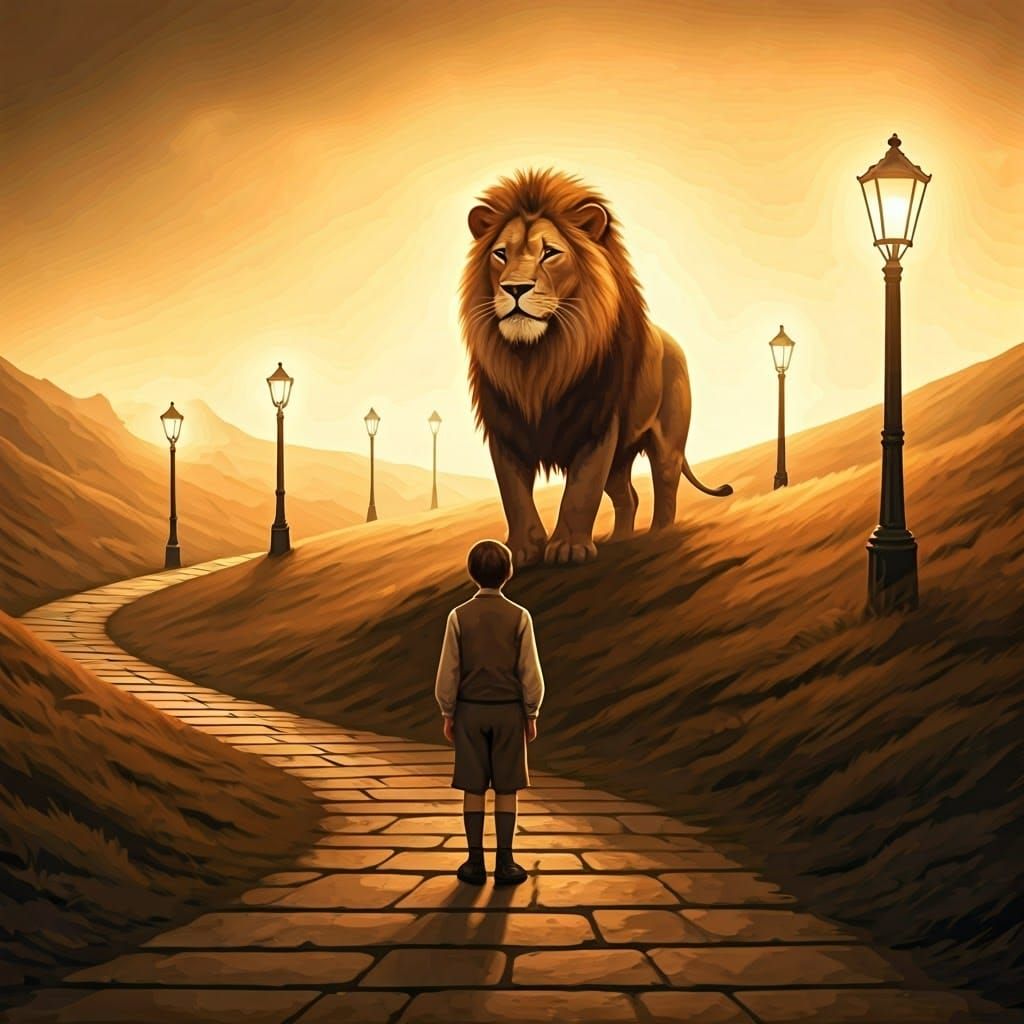 Regal Lion Meets Gentle Boy in Golden Light