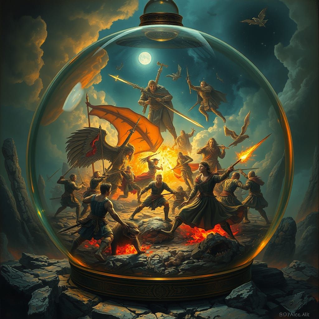 Epic Battle Scene in a Radiant Glass Sphere