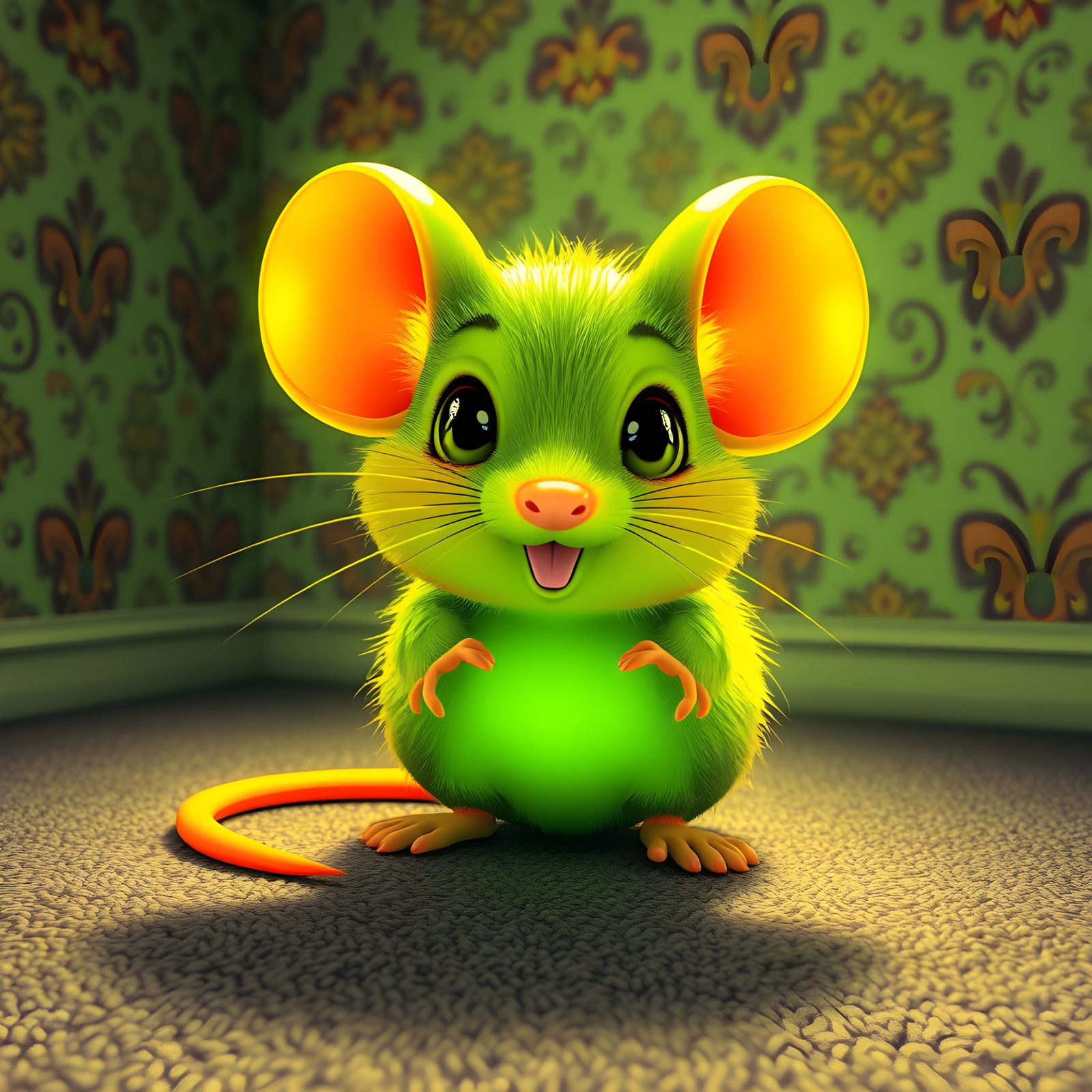 Neon Green and Gold Mouse in Hyperdetailed Room