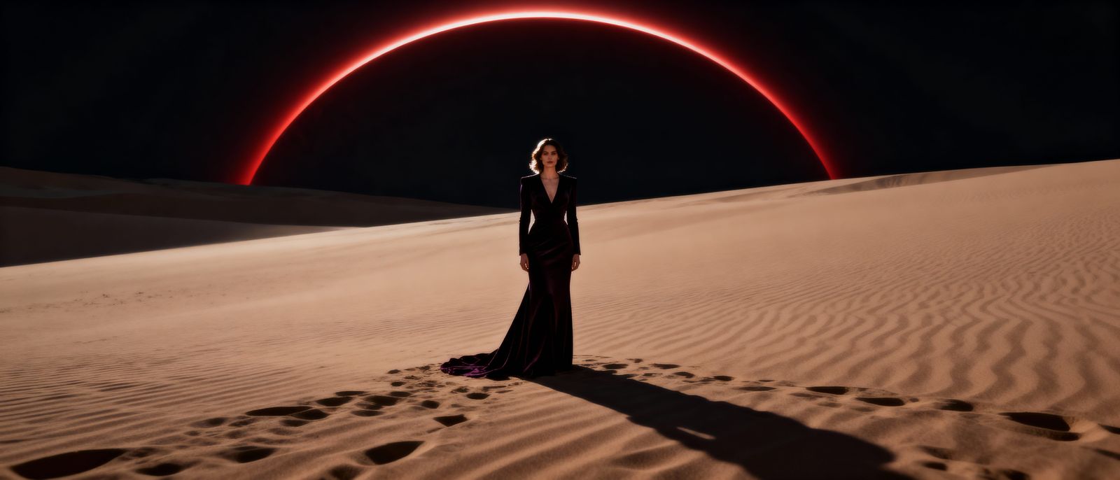 Woman Silhouetted Against Eclipse on Vast Dune Plain