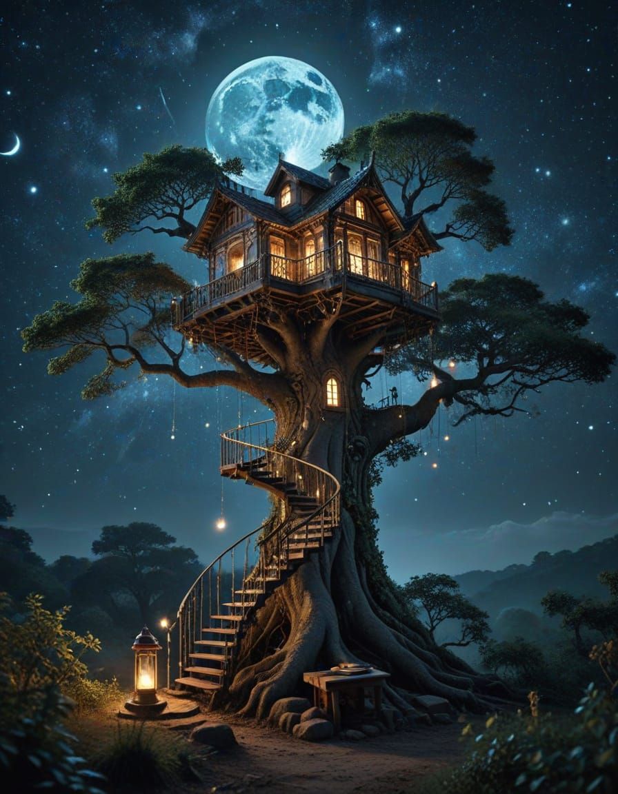 Ethereal Treehouse Library Hidden Within the Moon