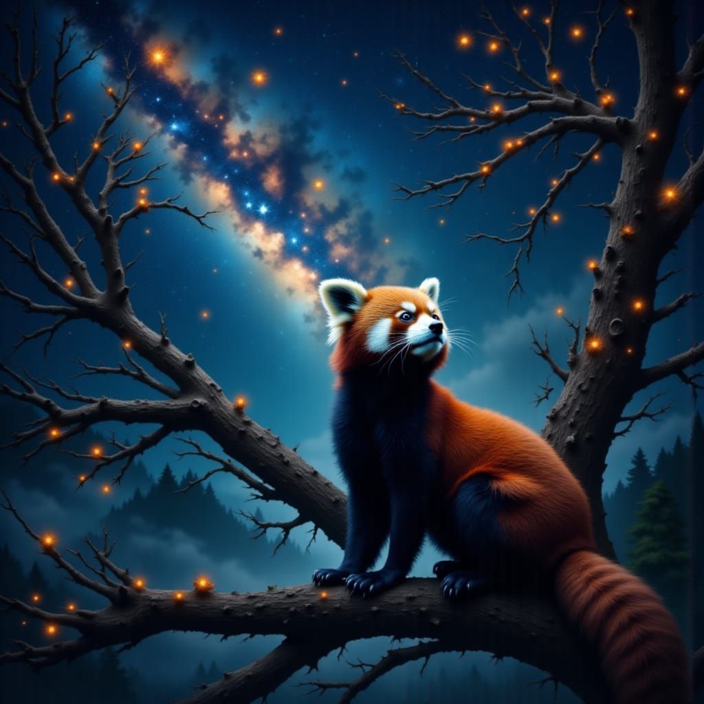 Red Panda Gazes at Starry Night Sky from a Branch