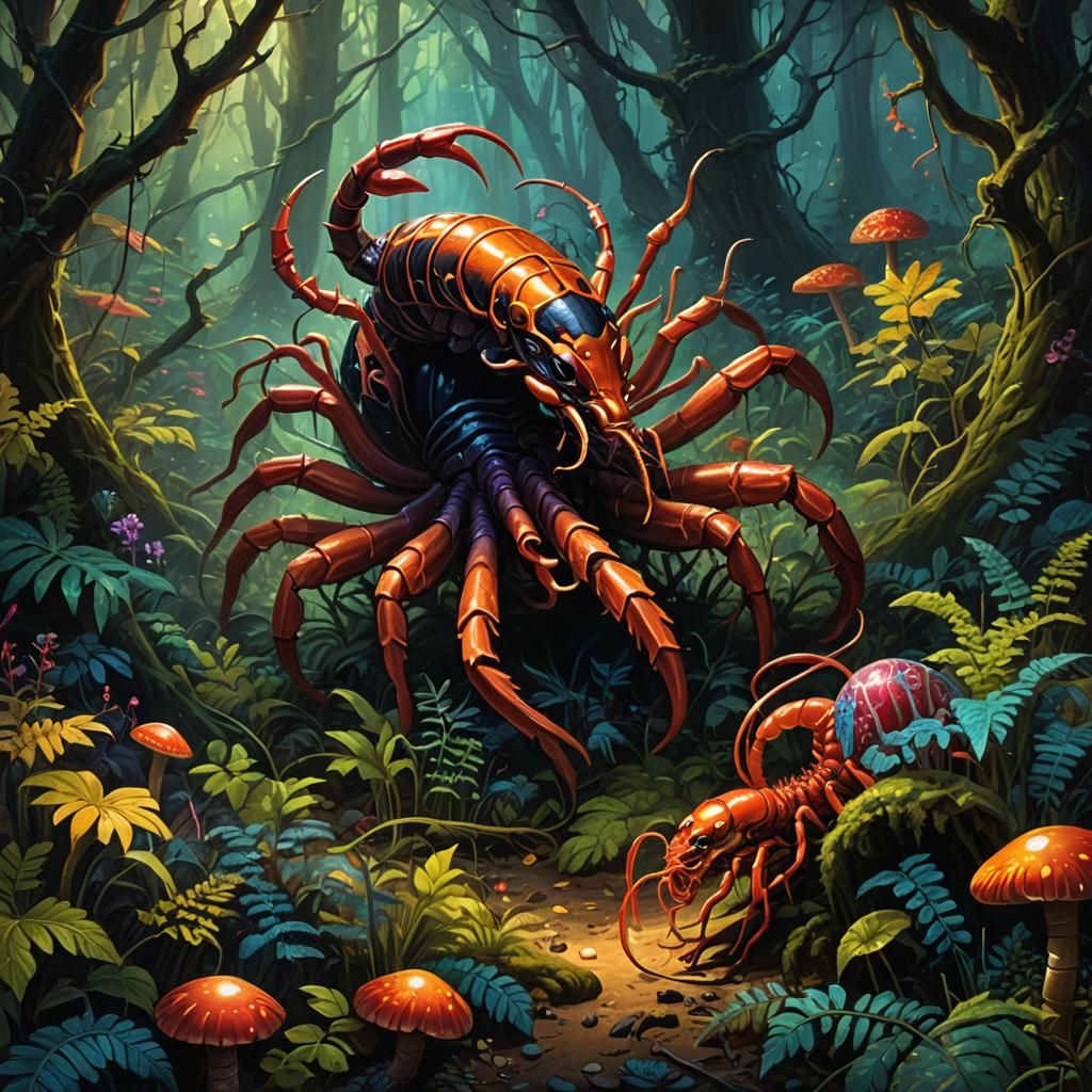 Scorpion and Centipede Clash in Mystical Forest