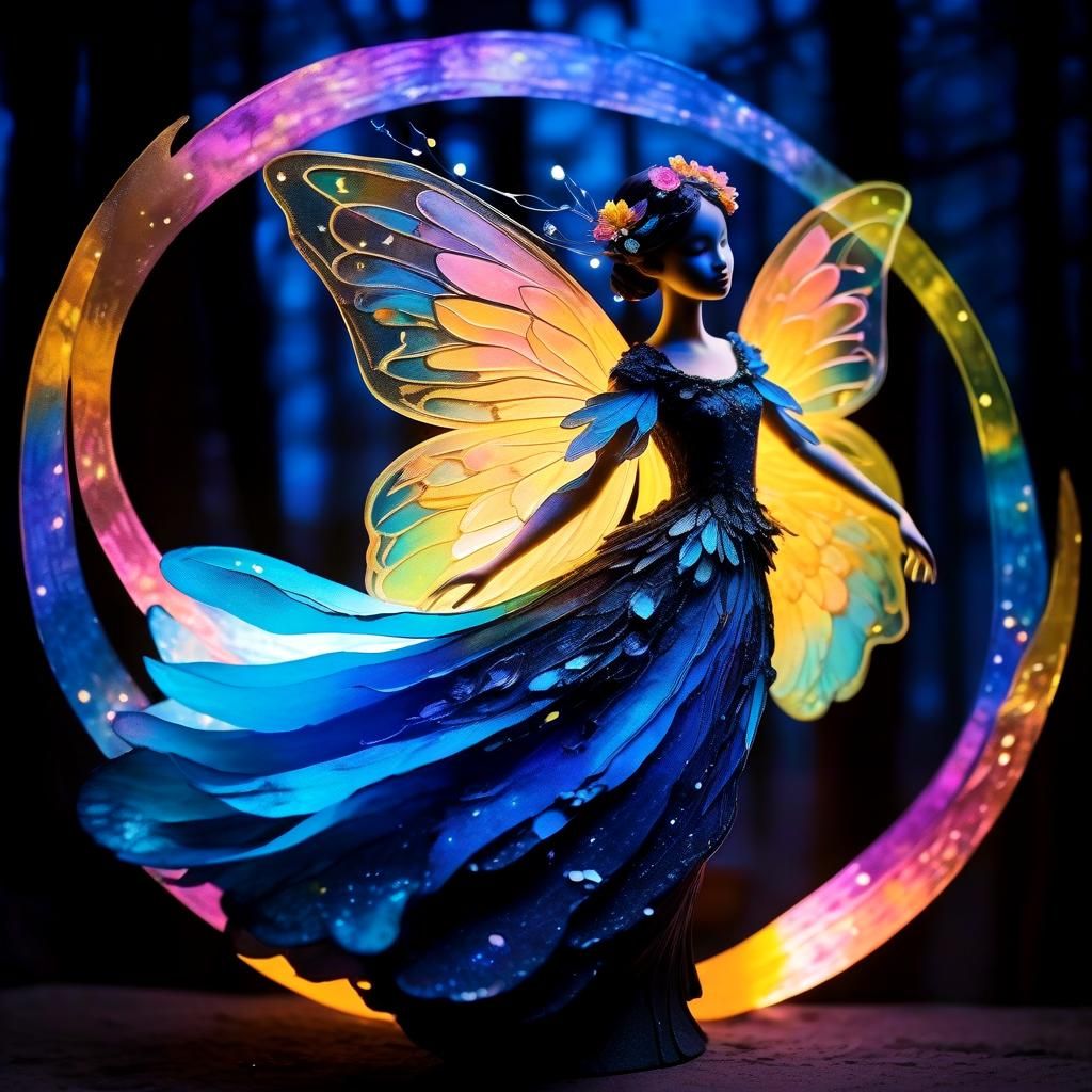 Luminous Fairy with Iridescent Wings in Alcohol Ink Style