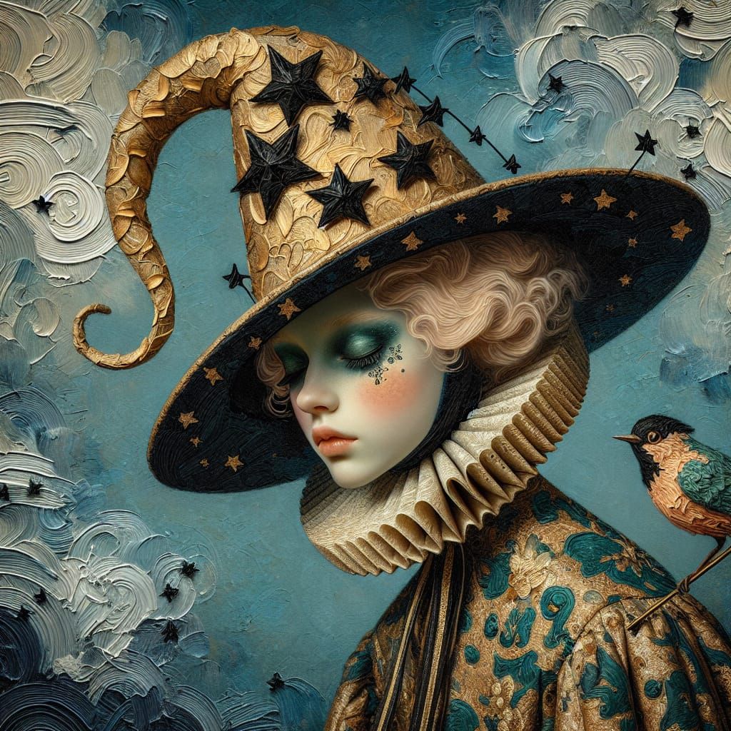 Pierrot Girl with Bird Hat in Oil Paint Style