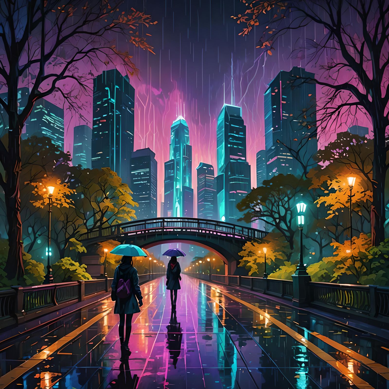 Neon-Lit Futuristic Nightscape in Expressionist Style