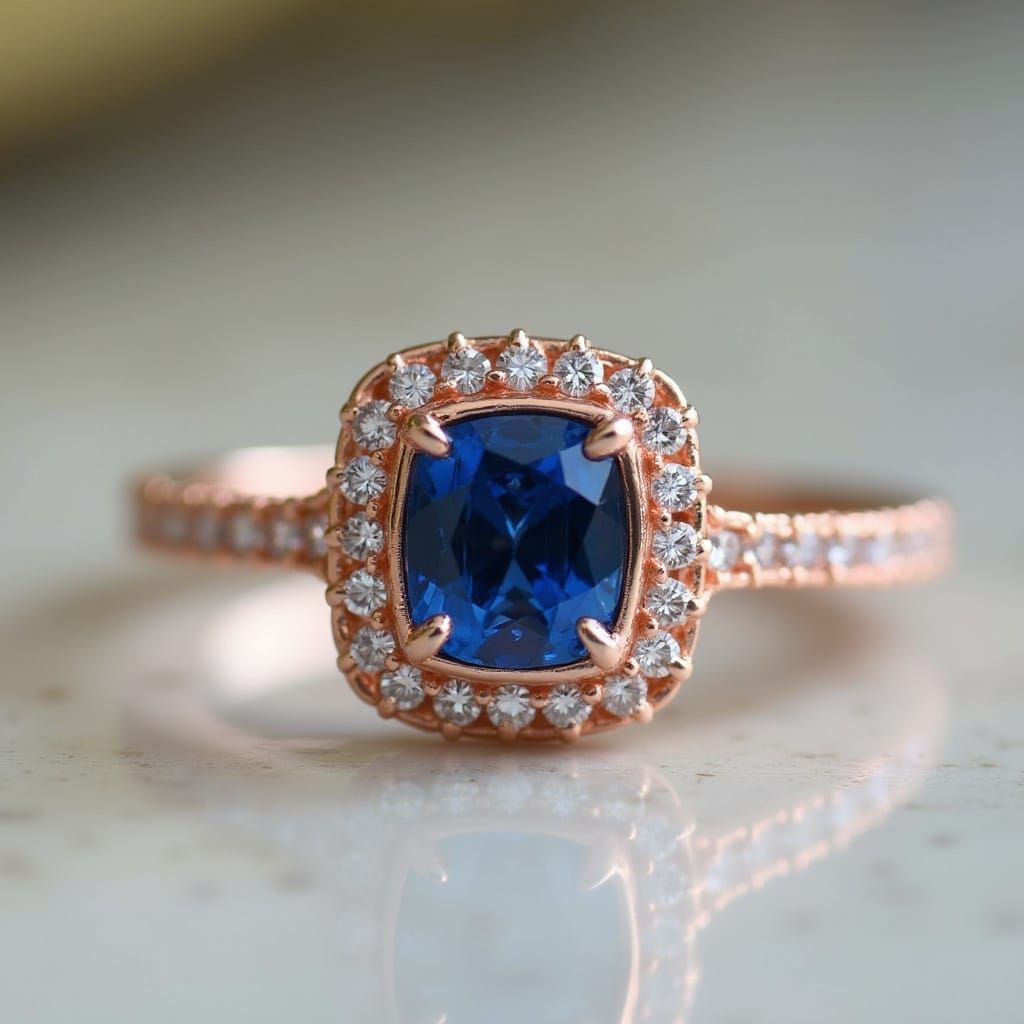 Vintage-Inspired Rose Gold Ring with Cushion-Cut Montana Blu...