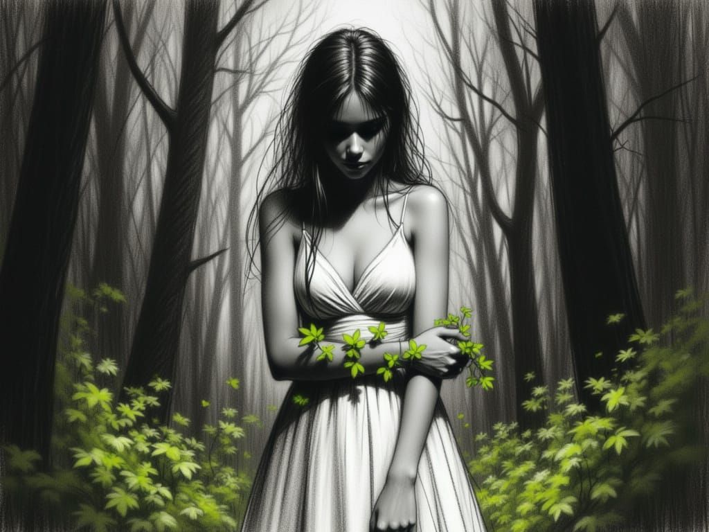 Monochrome Forest Portrait with Green Vine Detail