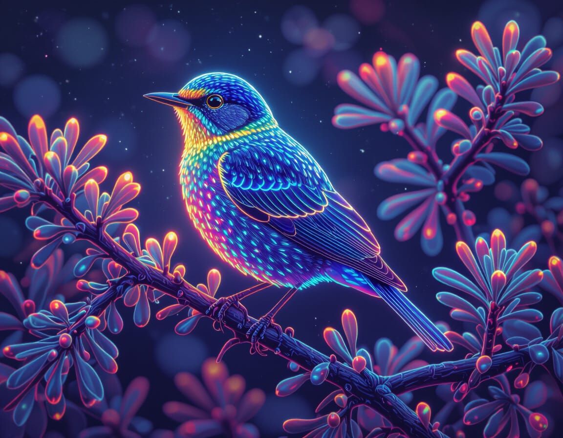 Vibrant Bioluminescent Bird in Neon Colors