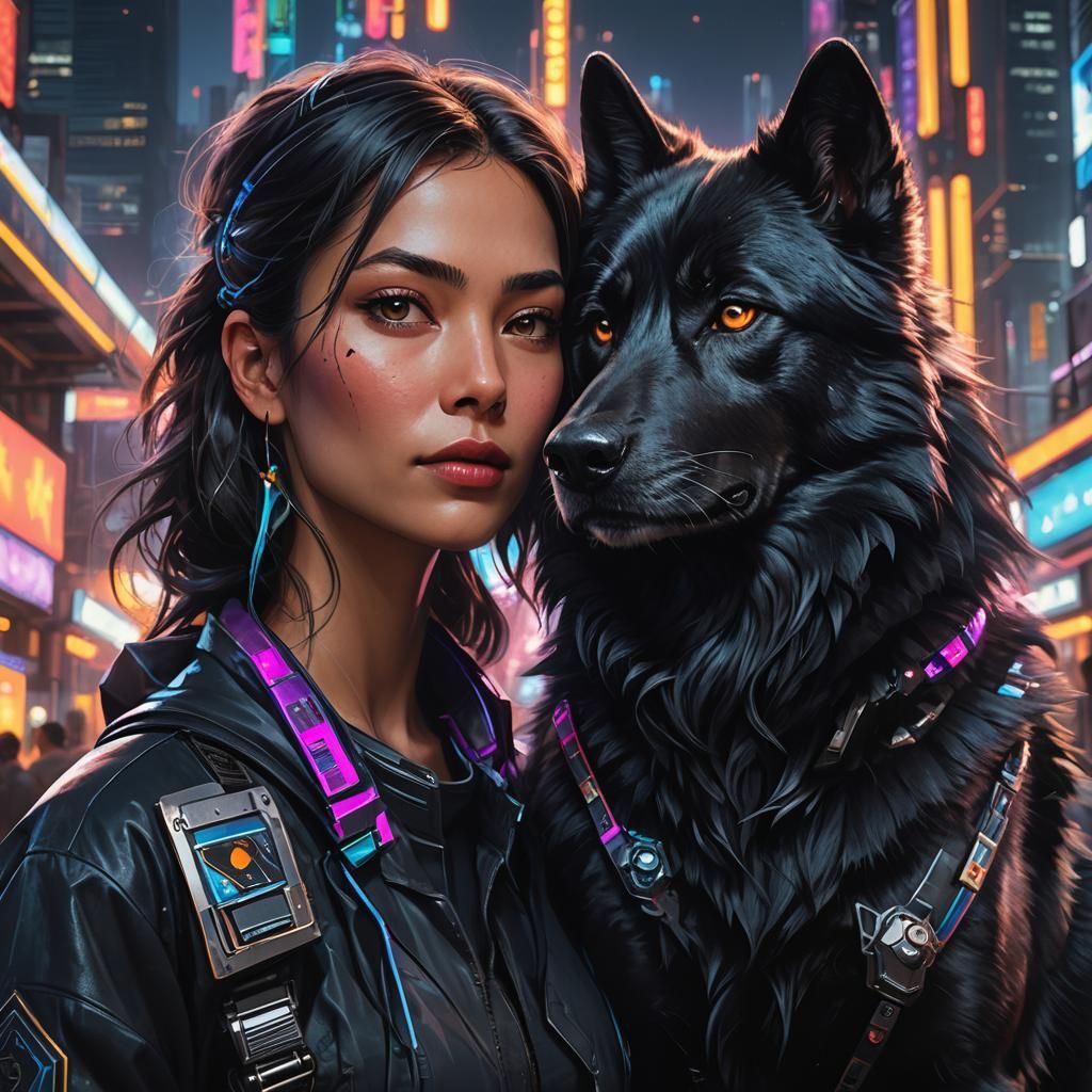 Realistic Wolfdog Portrait in Space City with Exotic Handler