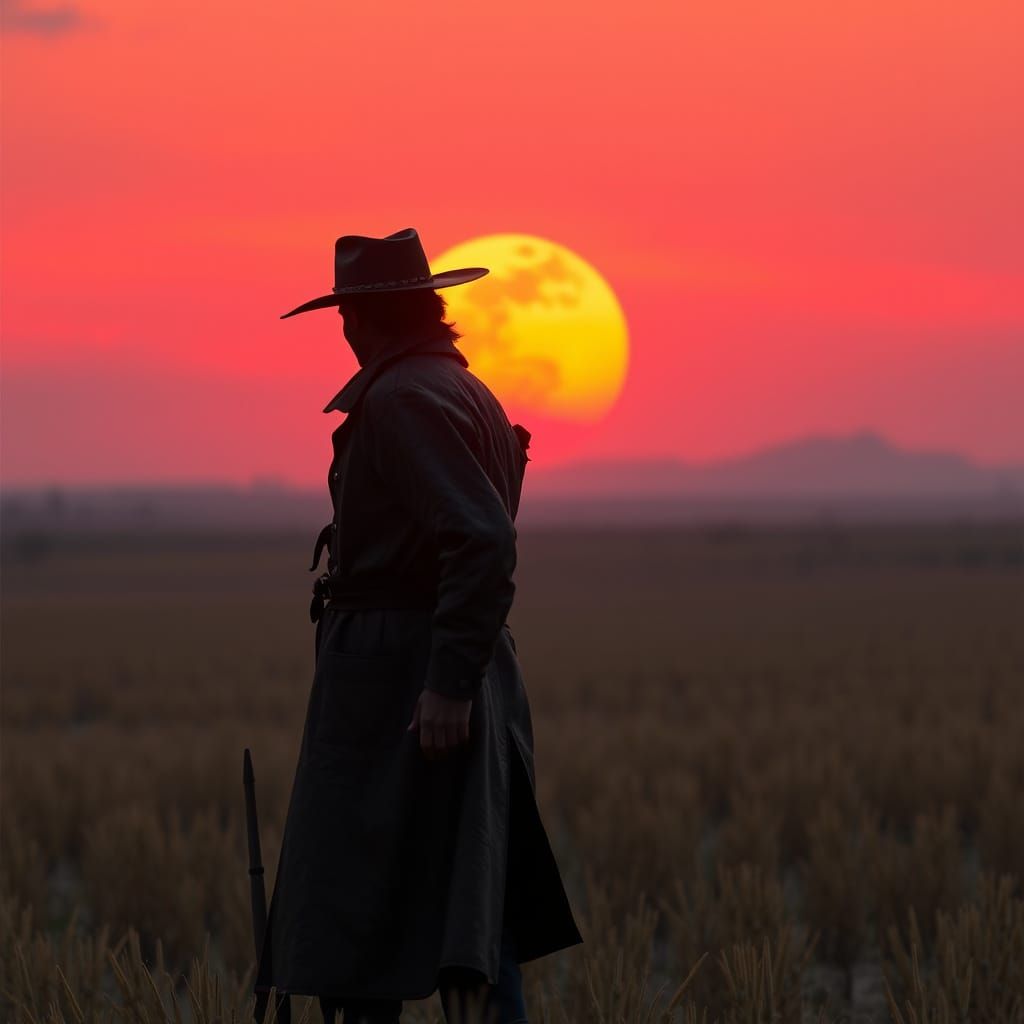 Cowboy Silhouetted Against a Vibrant Prairie Moon in a Dream...