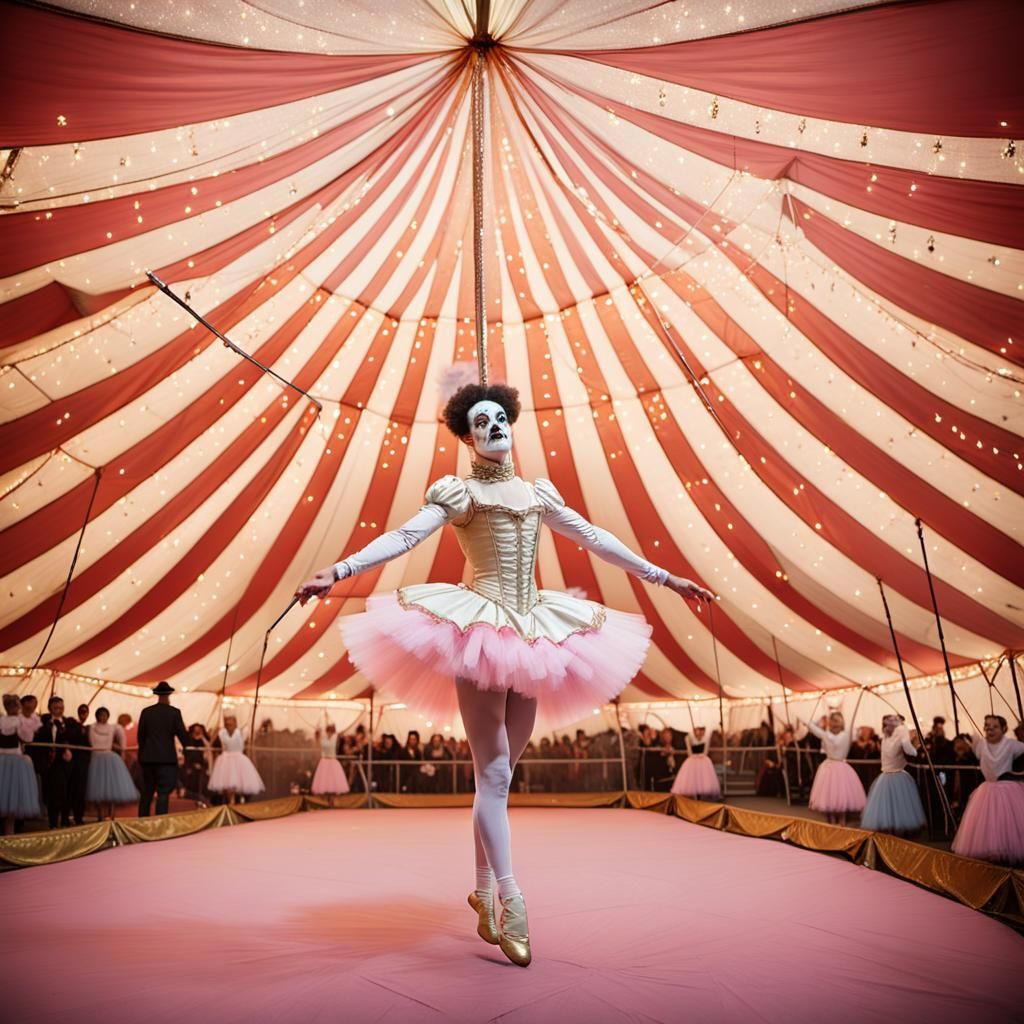 Pierrot Ballerina on High Wire, Surrealist Oil Painting