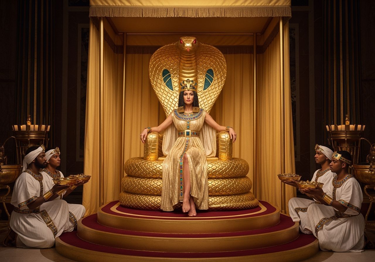 Egyptian Queen on Gold Cobra Throne in Palace