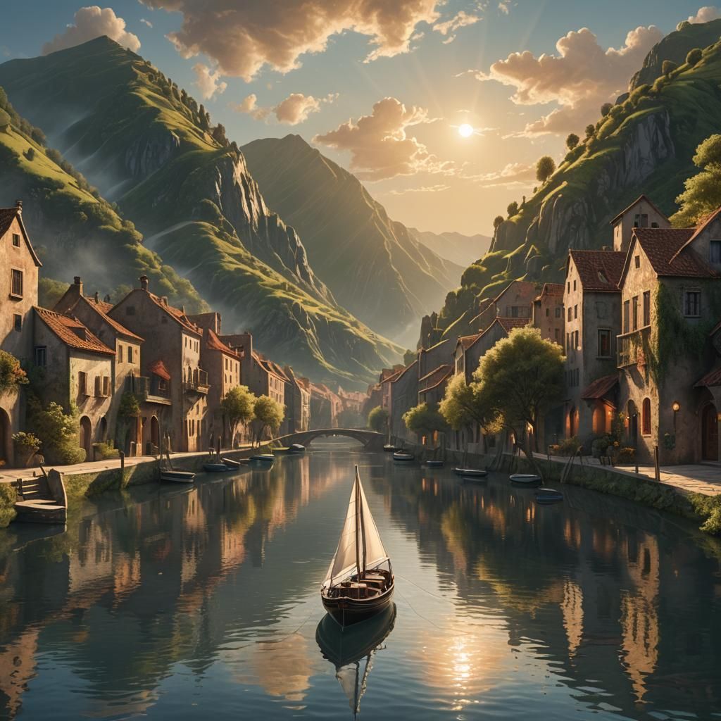 Serene Canal: Sailboat in Fantasy Landscape