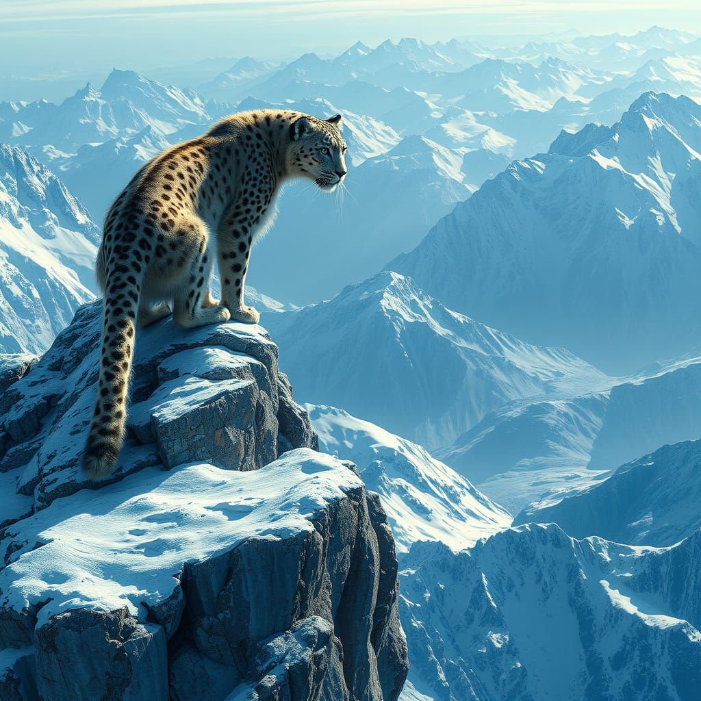 Hyperrealistic Snow Leopard on Snowy Mountain Peak