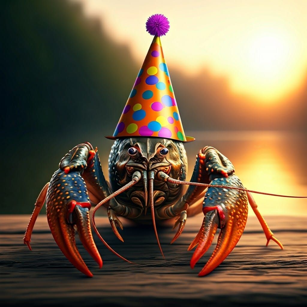 Portrait of a gordious happy crayfish with a funny partyhat ...