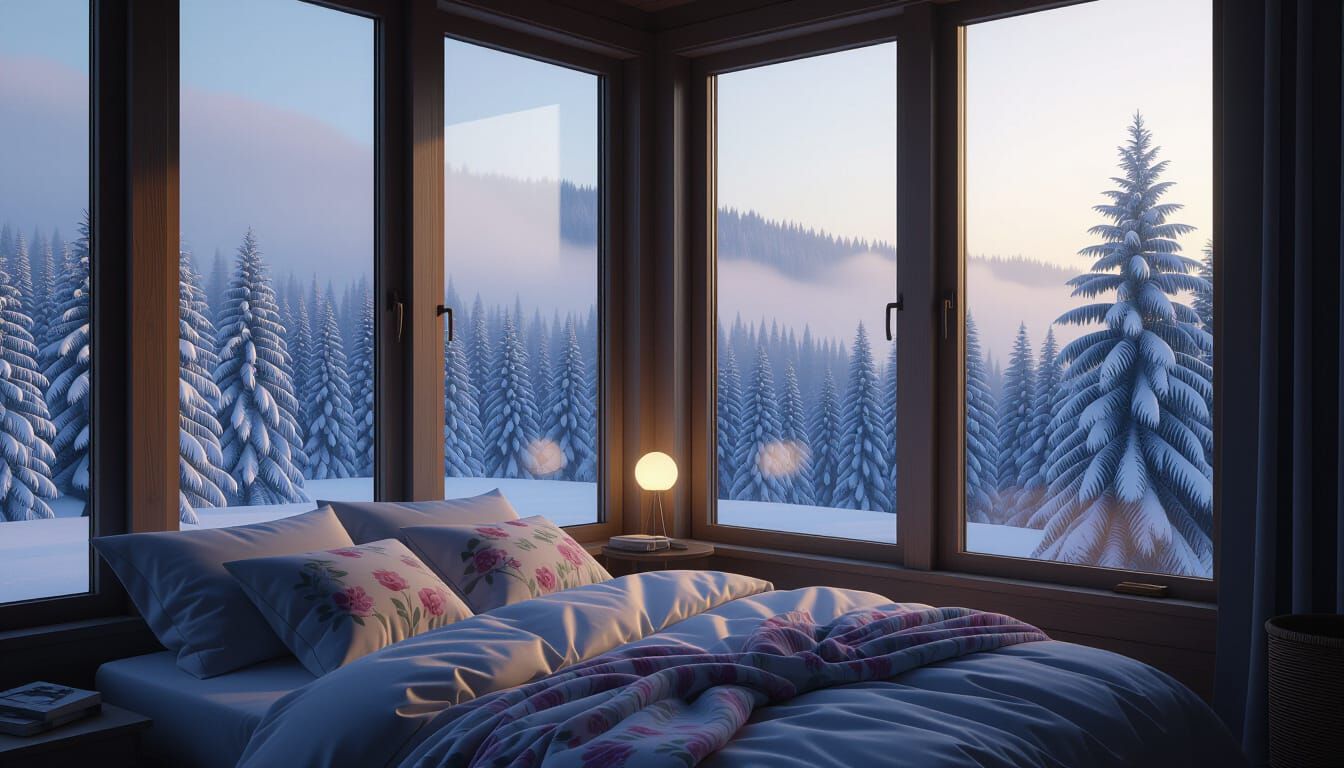 Cozy Bedroom with Snowy Forest View in Surreal Style