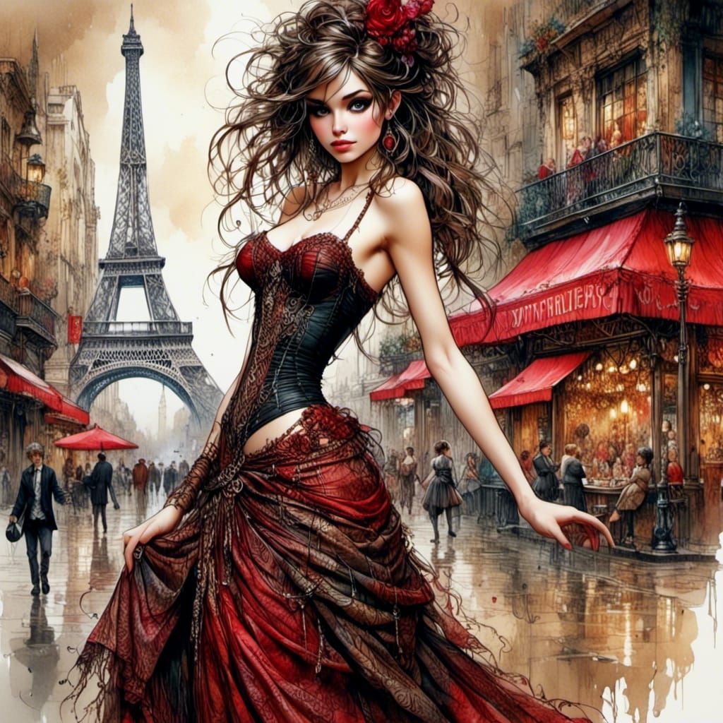 Moulin Rouge Dancer in Watercolor Alcohol Ink Style