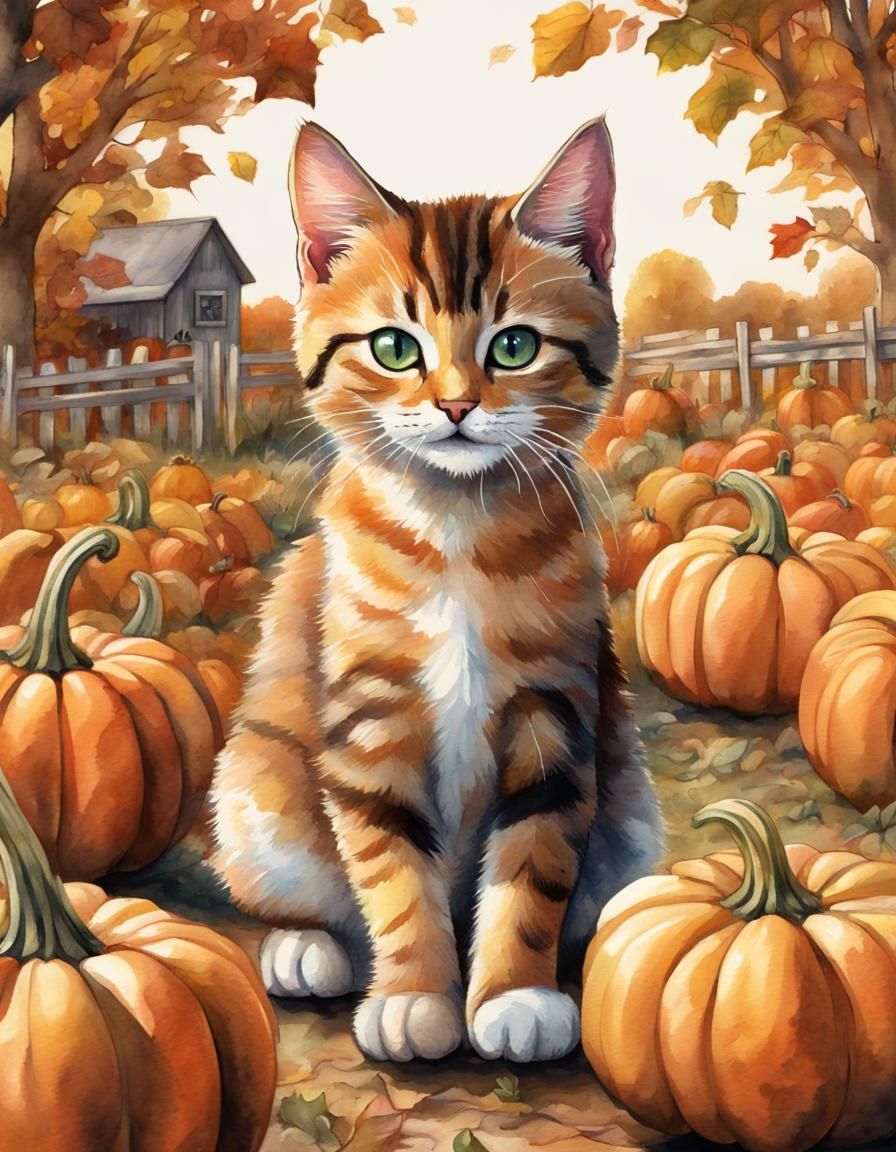 Watercolor Pumpkin Patch with Kitten