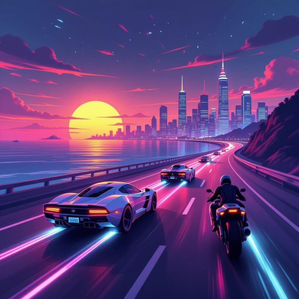 Retro-Futuristic Cars Speed Towards Cyberpunk Cityscape