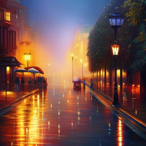 Hyperrealistic Graffiti Art of a Rainy Cityscape