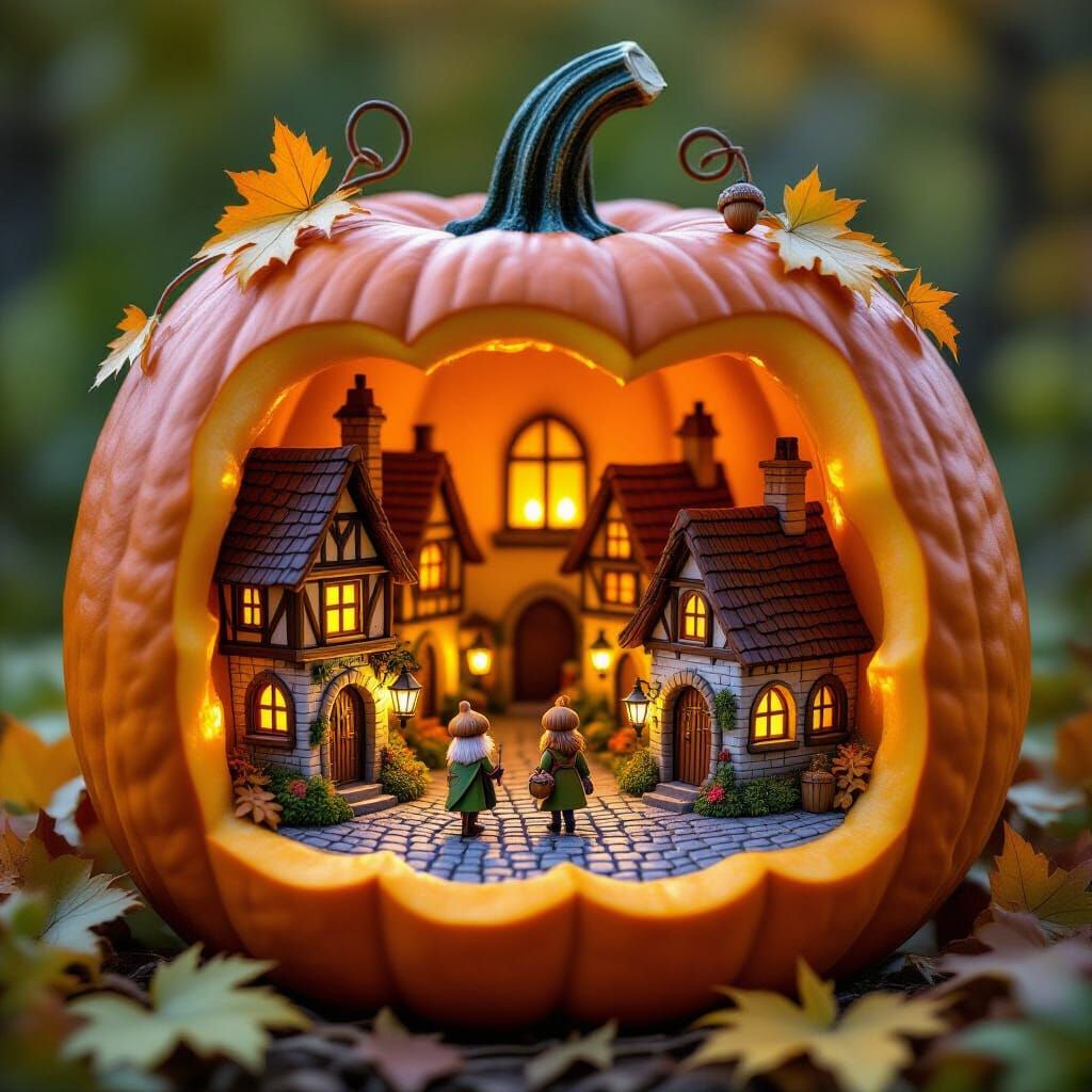 Whimsical Miniature Village Inside a Glowing Pumpkin