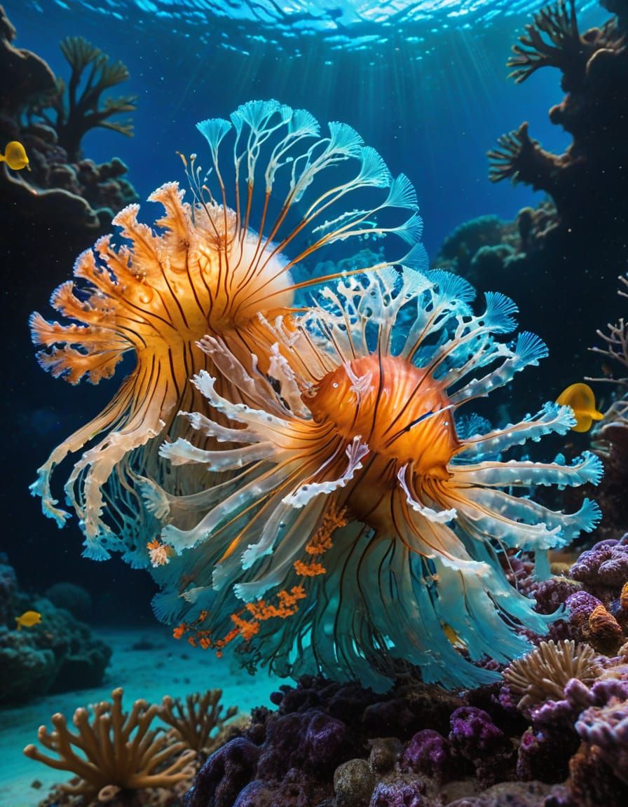 Golden lights. Closeup. Two large effervescent jellyfish and...