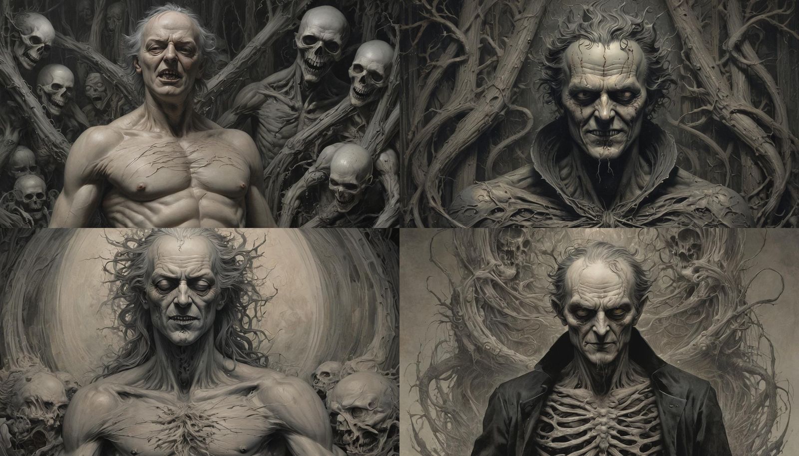 A hauntingly beautiful gothic art piece by William Blake and Guy Davis. In the foreground, a figure with a grim smile an...