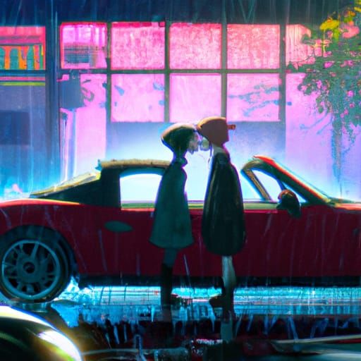 Two Women Kissing in Rainy Anime Style