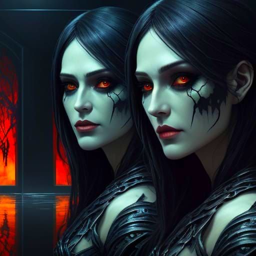 Beautiful Woman Confronts Dark Reflection in Surreal Concept...