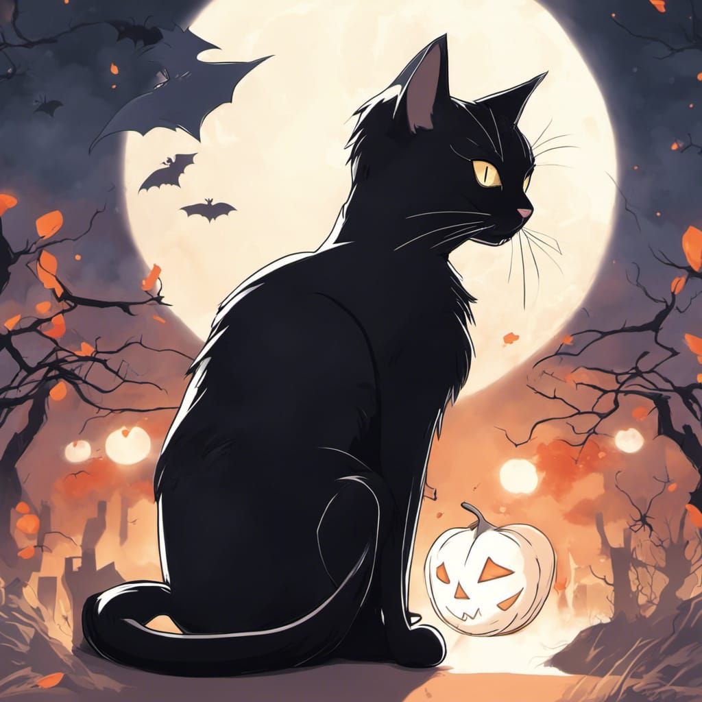 Halloween Black Cat in Anime Comic Style
