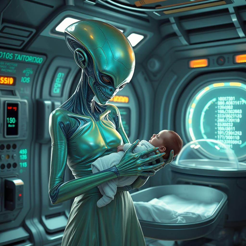 Iridescent Alien Midwife in Futuristic Nursery