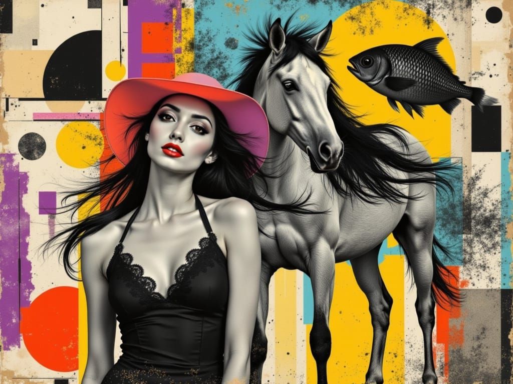 Woman and Horse in Cubist Collage Style