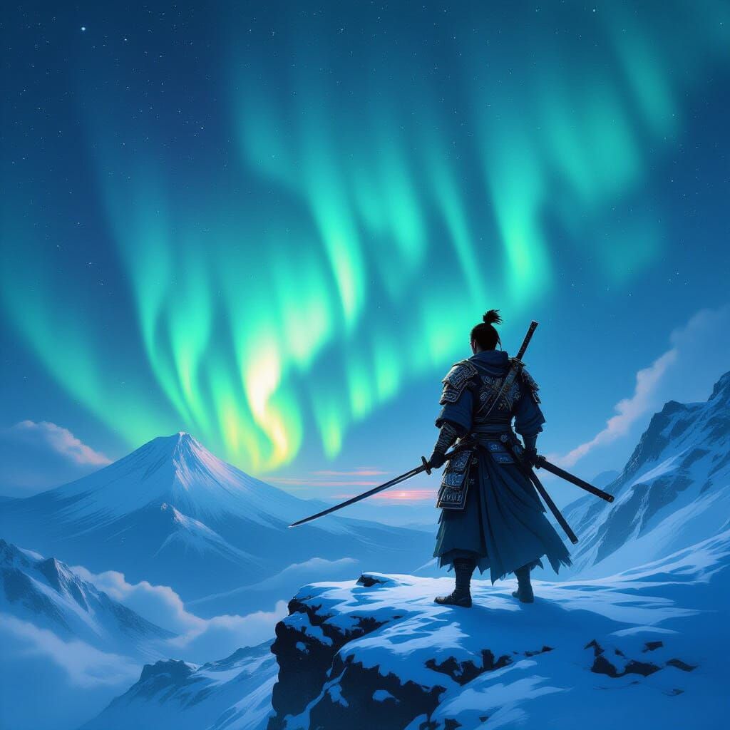 Samurai Warrior Under Aurora Borealis in Ink Wash Style