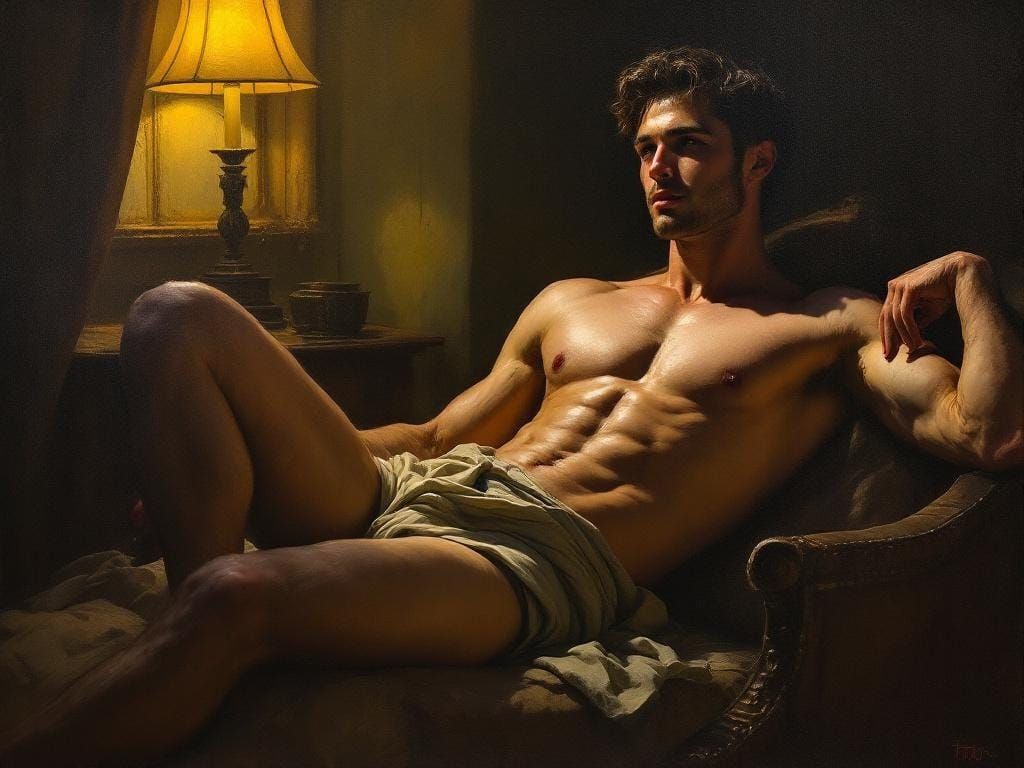 Reclining Man in Golden Light: Oil Painting