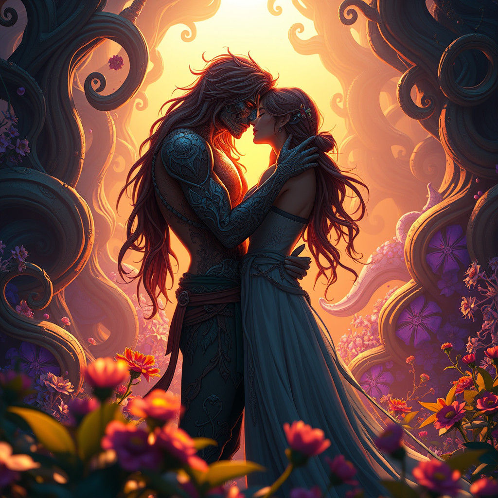 Embracing Figures in Lush Fantasy Landscape