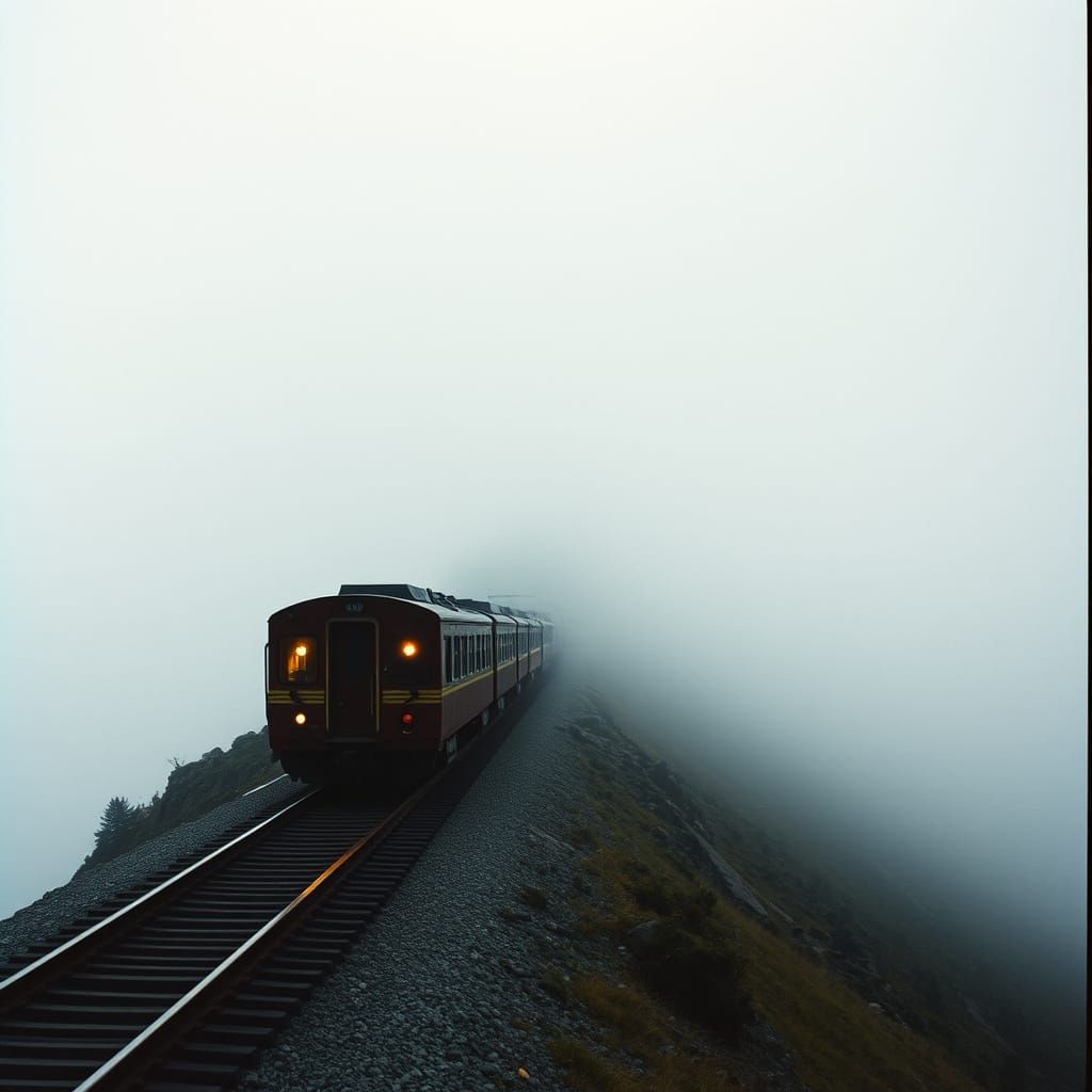Train Ascends Snowy Mountain in Cinematic Fog