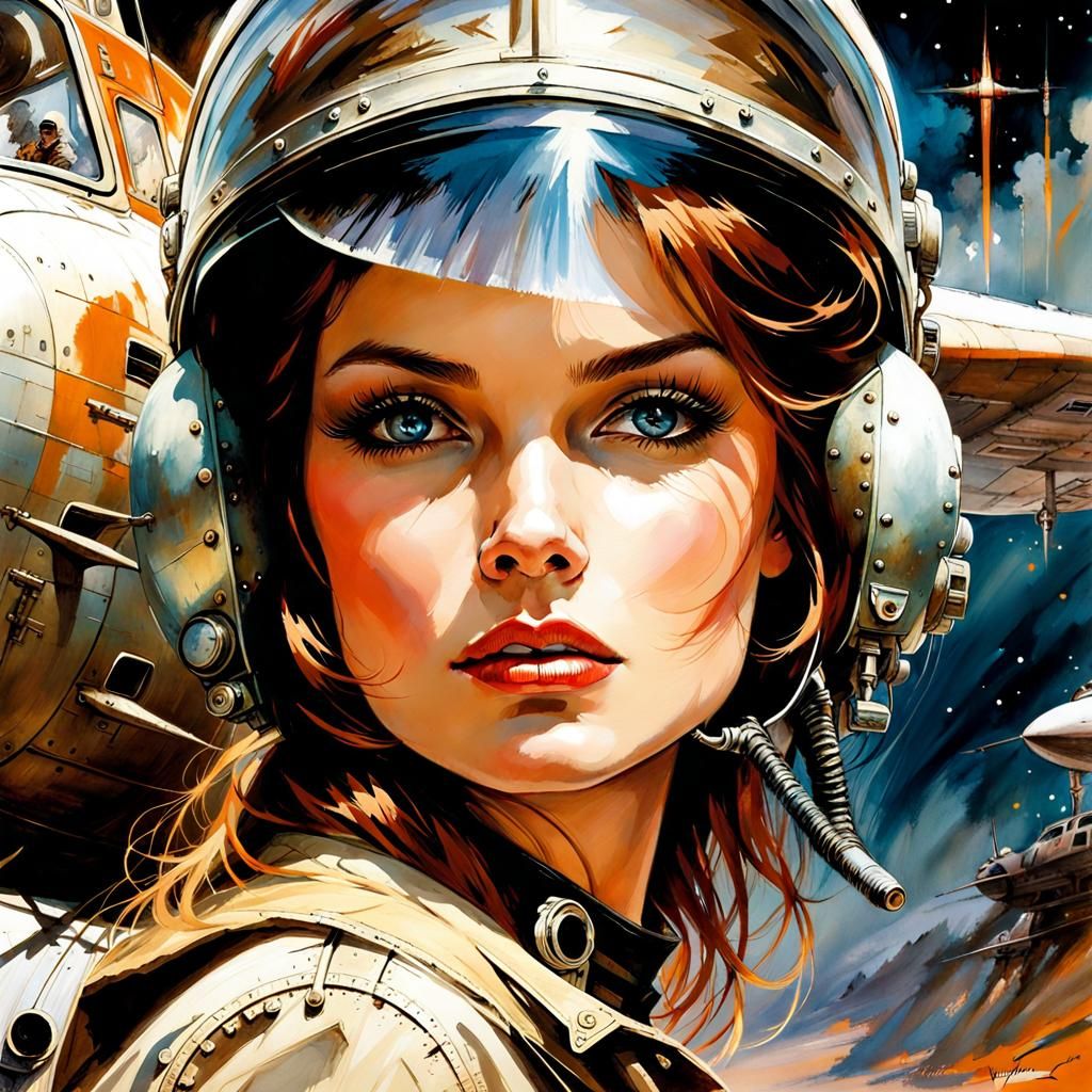 Beautiful Fighter Pilot in Timescape Watercolor Illustration