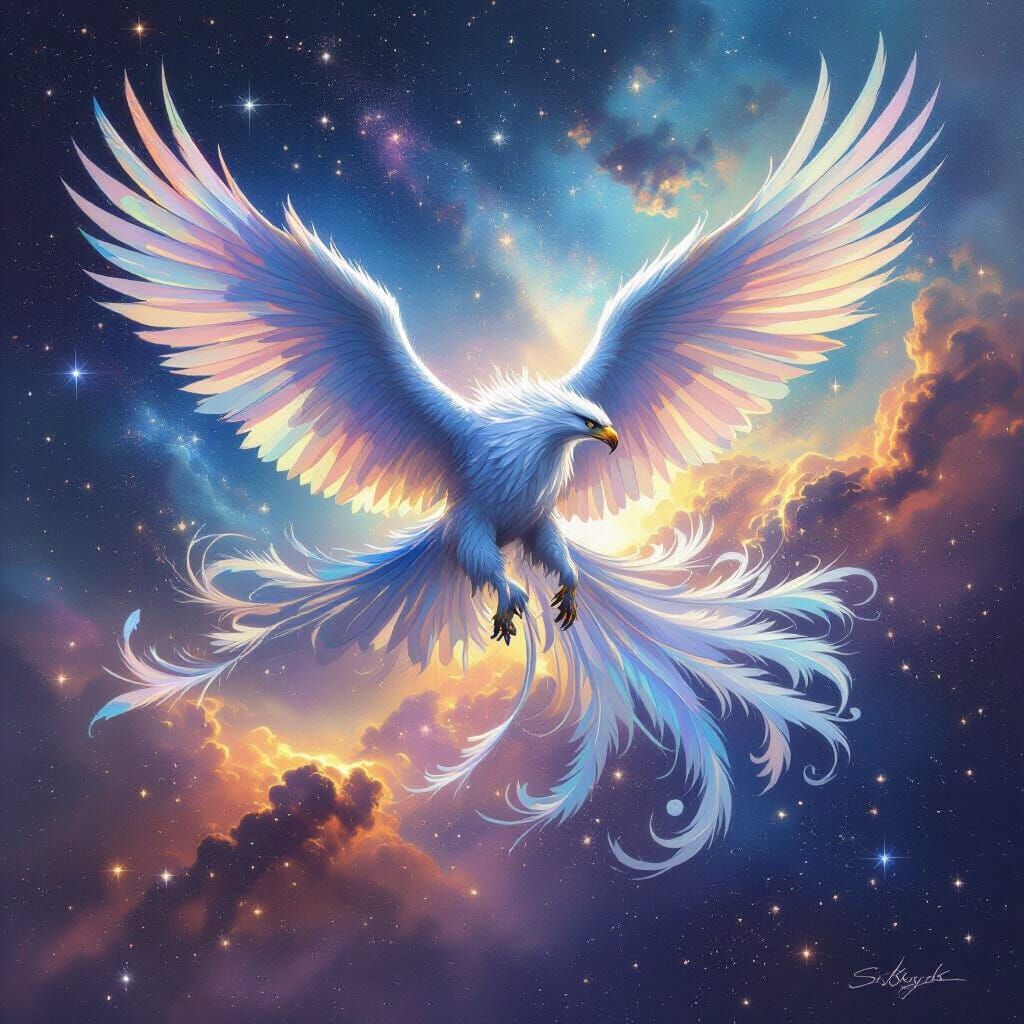 Iridescent Griffin Soaring Through Nebula Sky