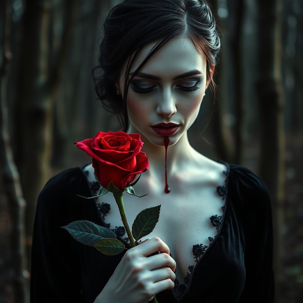 Gothic Dark Fantasy Beauty Holds Blood-Red Rose in Dark Fore...