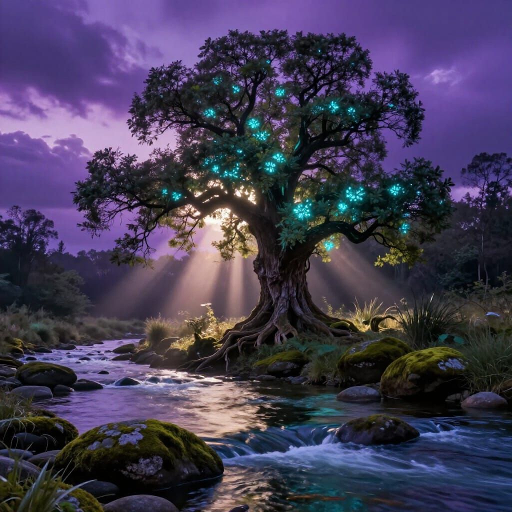 Magical Glowing Tree by River Under Purple Sky