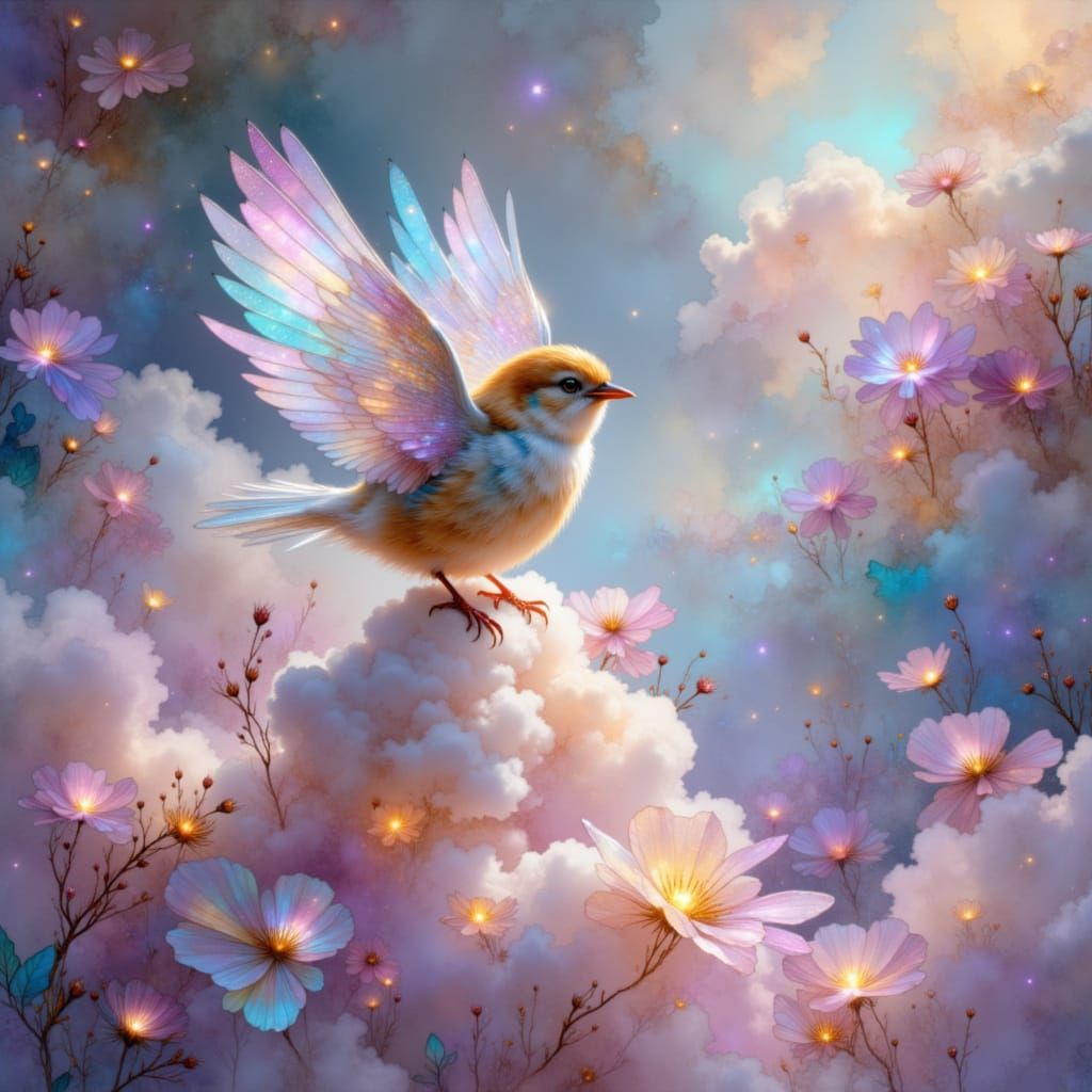 Ethereal Songbird on Cloud in Dreamy Digital Painting