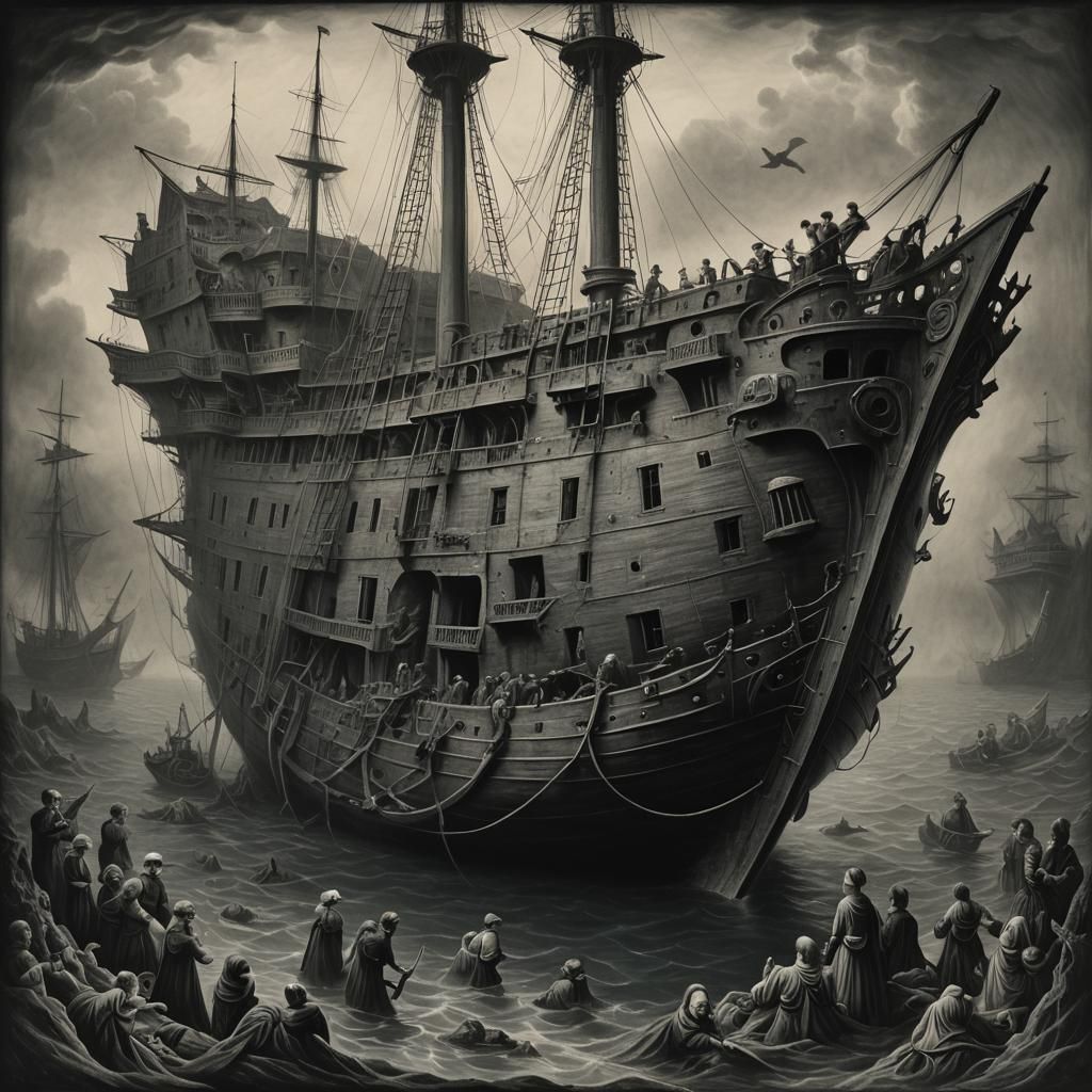 Underwater Ghost Galleon Shipwreck in Charcoal Style