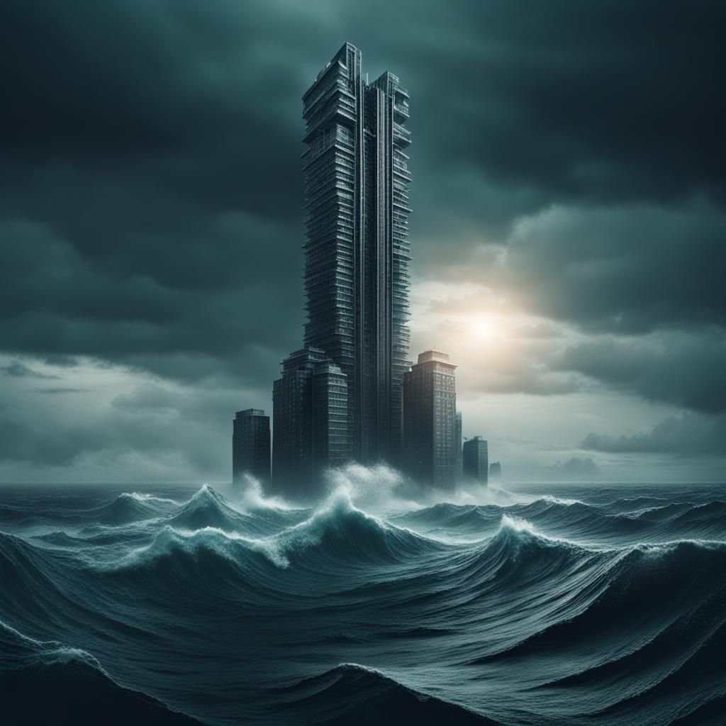 Dystopian Skyscraper Amidst Ocean Waves, Cinematic Style