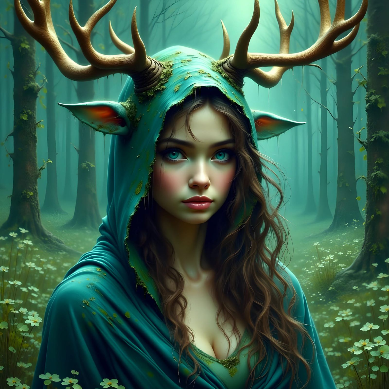 Mystical Forest Goddess with Majestic Stag in Vibrant Hyperr...