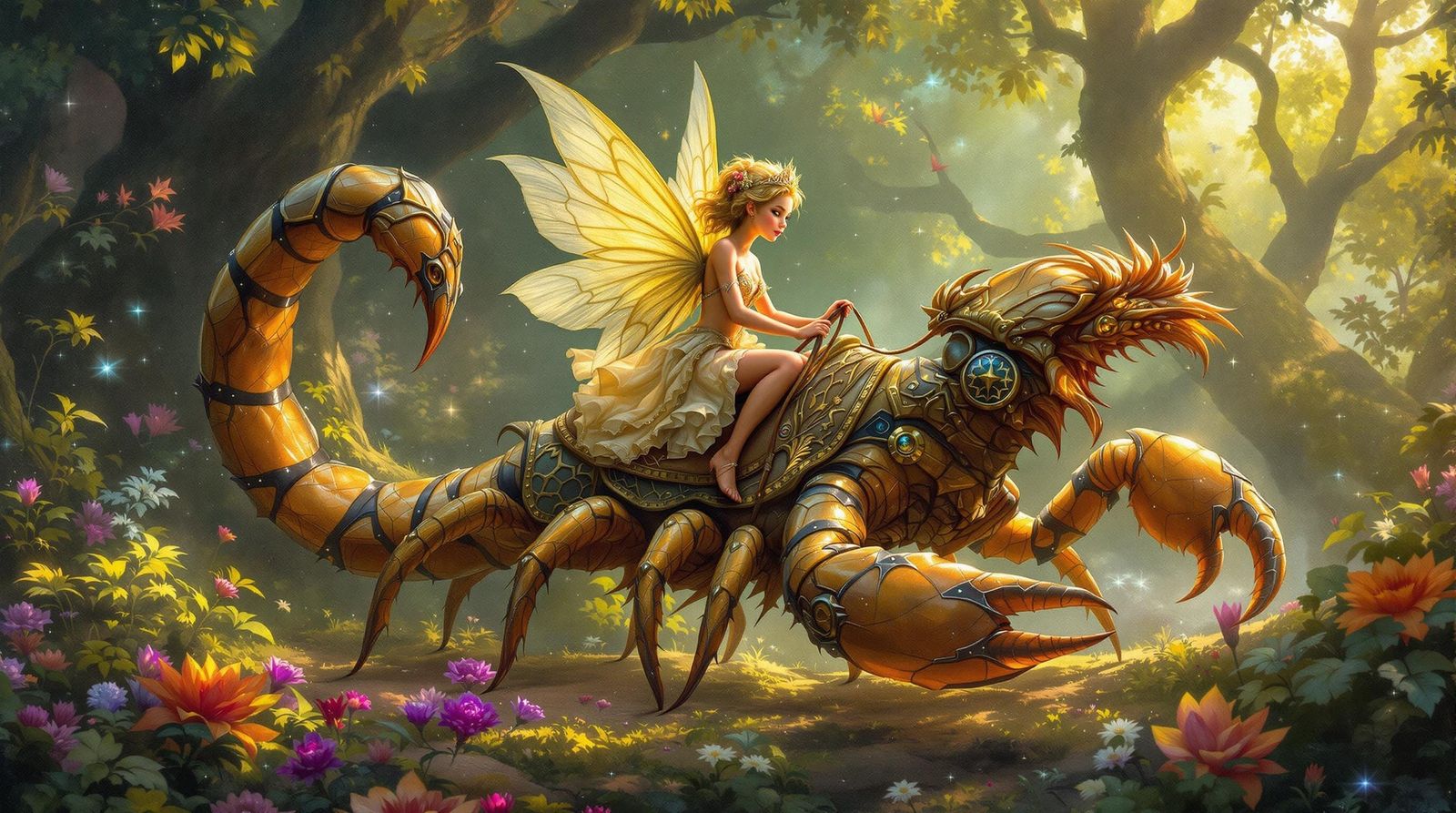 Regal Fairy Princess Rides Scorpion Steed in Vibrant Fantasy...